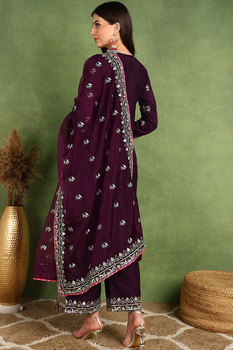 Purple Silk Blend Yoke Design Zari Straight Palazzo Suit Set PKSKD2488