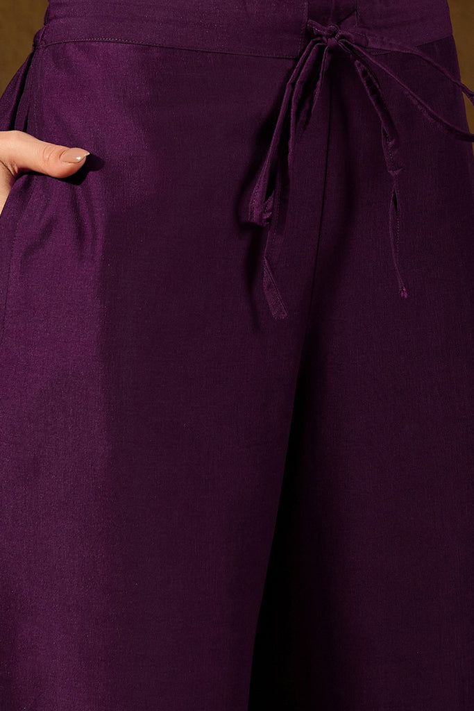 Purple Silk Blend Embroidered Solid Yoke Design Straight Palazzo Suit Set PKSKD2488