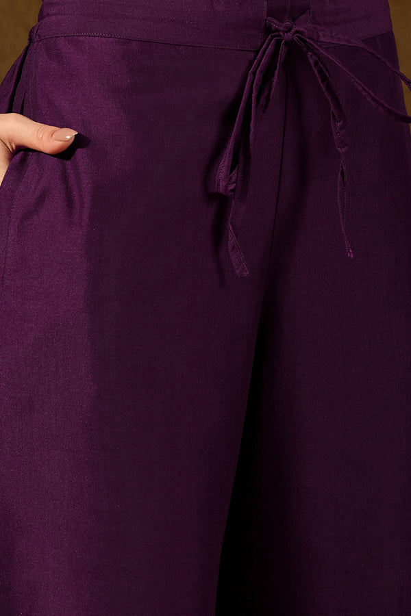 Purple Silk Blend Embroidered Solid Yoke Design Straight Palazzo Suit Set PKSKD2488
