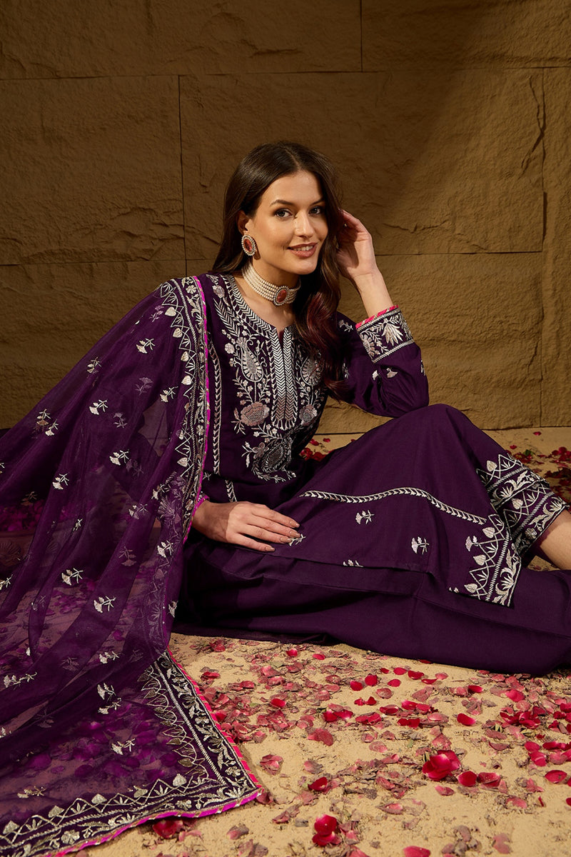 Purple Silk Blend Embroidered Solid Yoke Design Straight Palazzo Suit Set PKSKD2488
