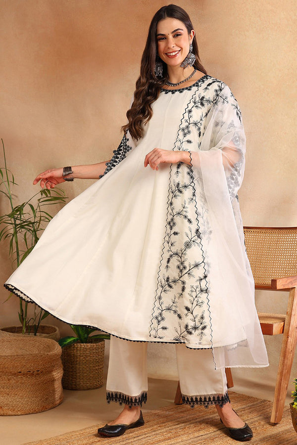 White Silk Blend Solid Embroidered Anarkali Kurta Trouse With Dupaata HOPPKSKD2489
