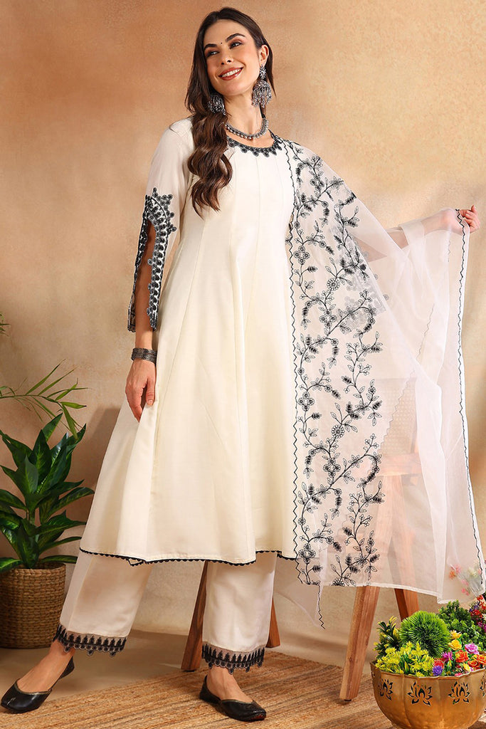 White Silk Blend Solid Embroidered Anarkali Kurta Trouse With Dupaata HOPPKSKD2489