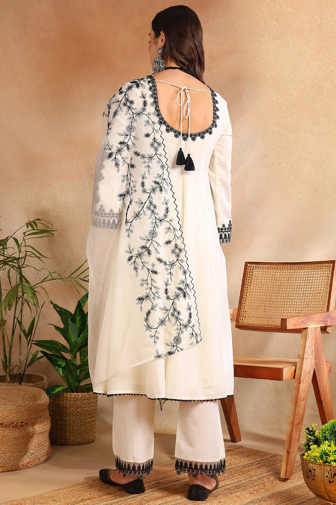 White Silk Blend Solid Embroidered Anarkali Kurta Trouse With Dupaata HOPPKSKD2489