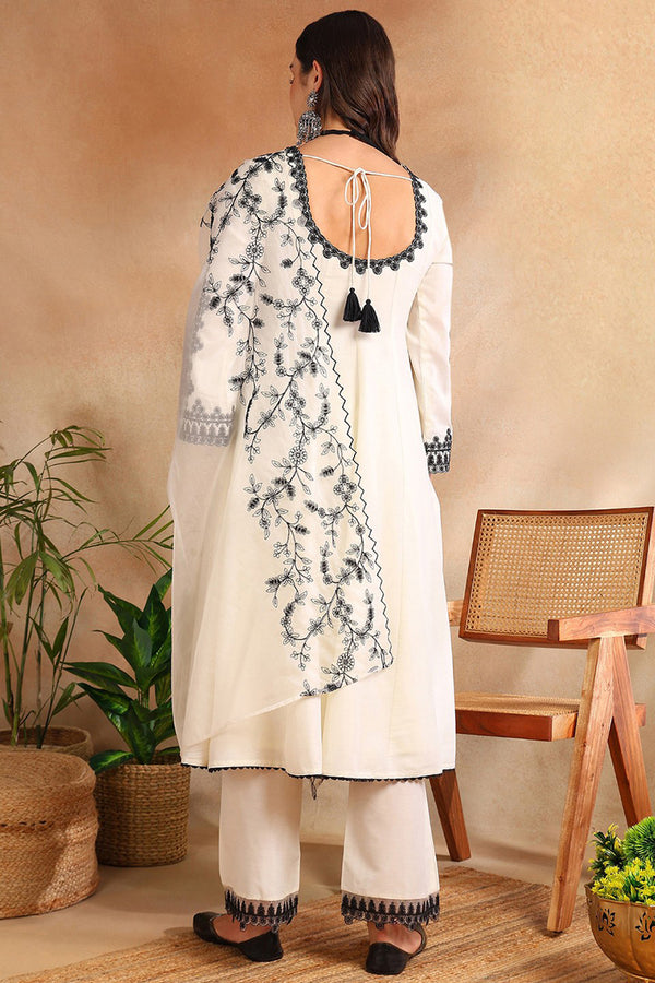 White Silk Blend Solid Embroidered Anarkali Kurta Trouse With Dupaata HOPPKSKD2489