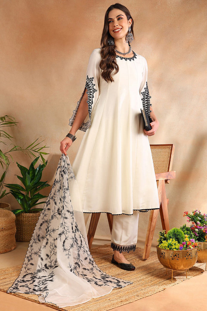 White Silk Blend Solid Embroidered Anarkali Kurta Trouse With Dupaata HOPPKSKD2489