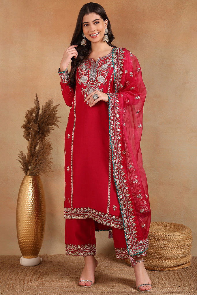 Pink Silk Blend Solid Yoke Design Straight Palazzo Suit Set PKSKD2490