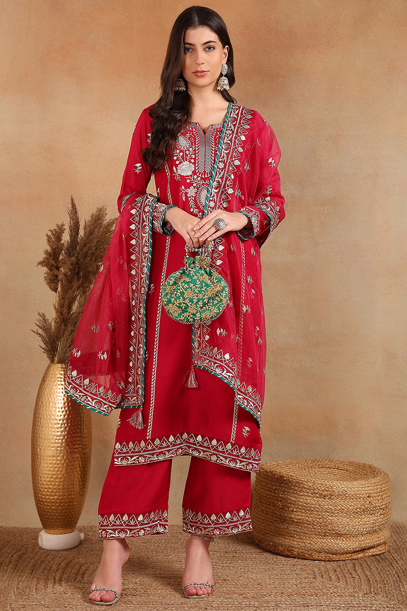 Pink Silk Blend Solid Yoke Design Straight Palazzo Suit Set PKSKD2490