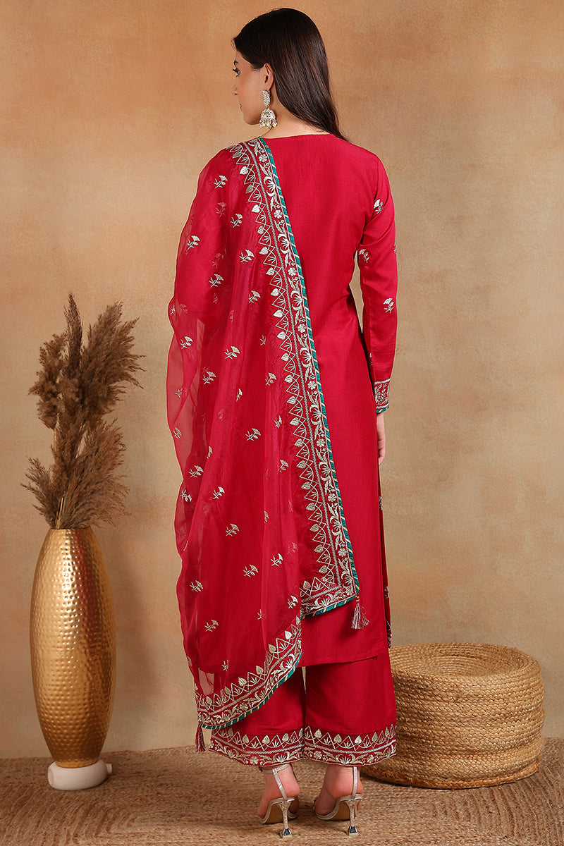 Pink Silk Blend Solid Yoke Design Straight Palazzo Suit Set PKSKD2490