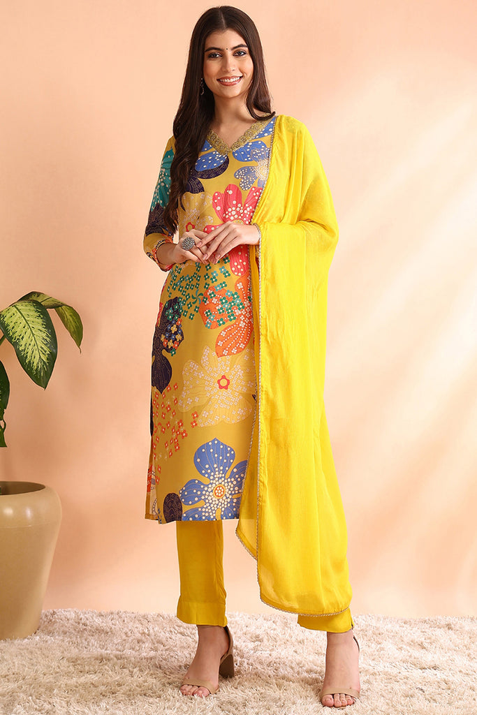 Yellow Floral Printed Cotton Blend Straight Suit Set PKSKD2492