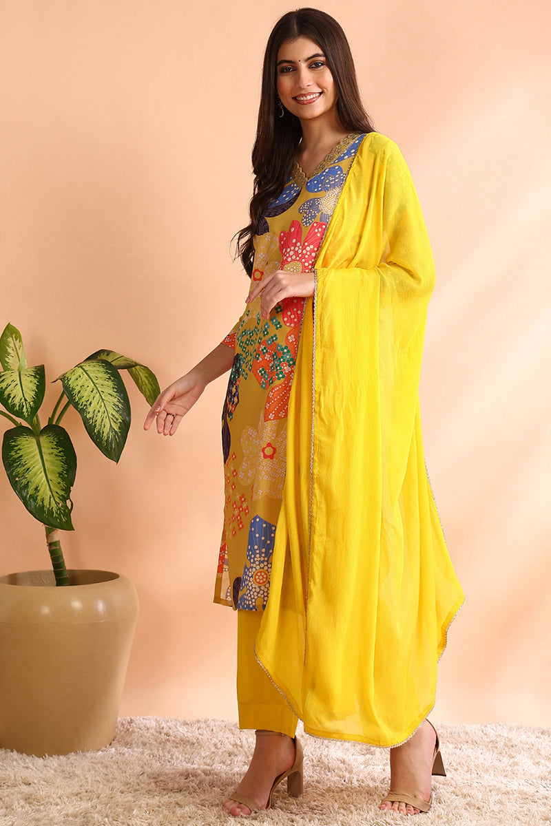 Yellow Floral Printed Cotton Blend Straight Suit Set PKSKD2492