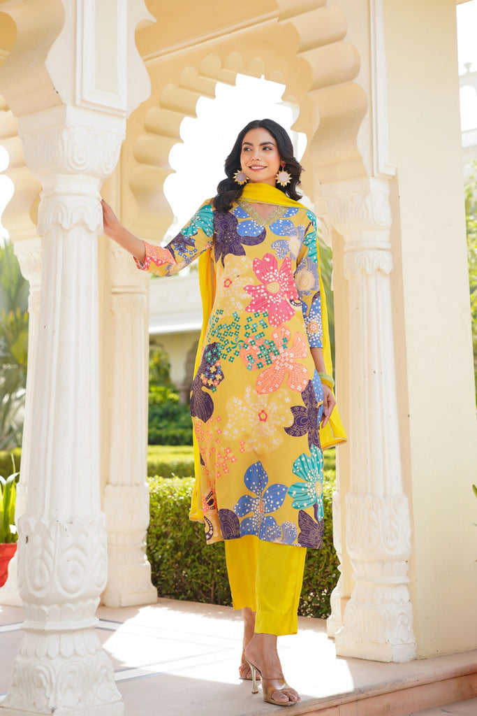 Yellow Floral Printed Cotton Blend Straight Suit Set PKSKD2492