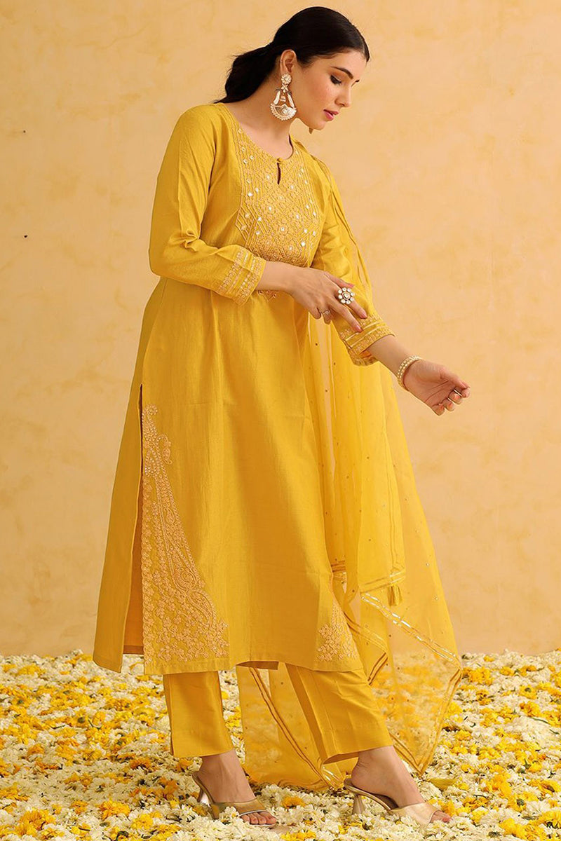 Mustard Yellow Silk Blend Solid Yoke Design Straight Suit Set PKSKD2501YLW