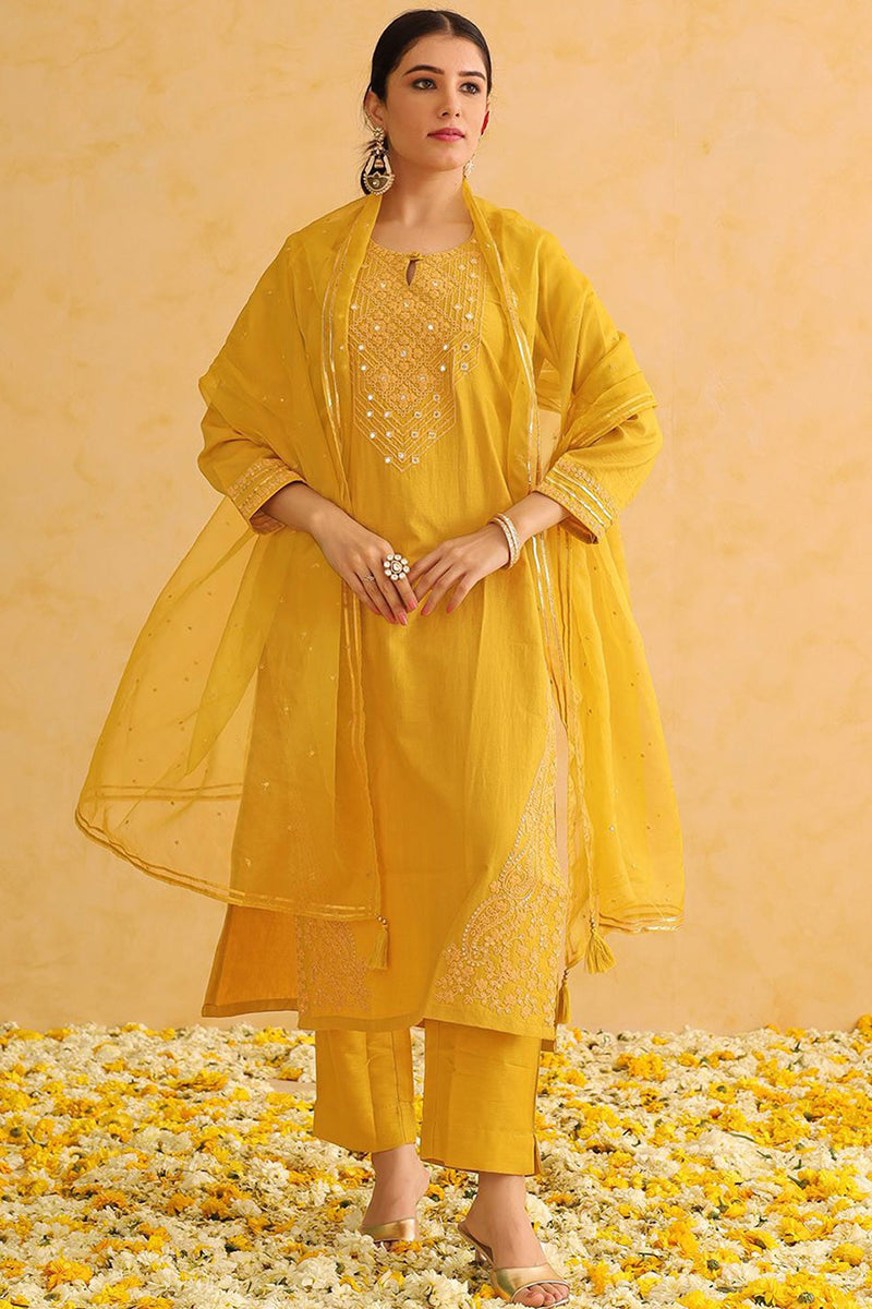 Mustard Yellow Silk Blend Solid Yoke Design Straight Suit Set PKSKD2501YLW