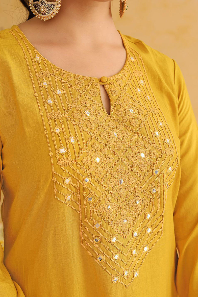 Mustard Yellow Silk Blend Solid Yoke Design Straight Suit Set PKSKD2501YLW