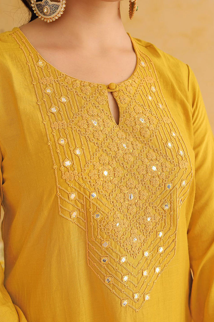 Mustard Yellow Silk Blend Solid Yoke Design Straight Suit Set PKSKD2501YLW