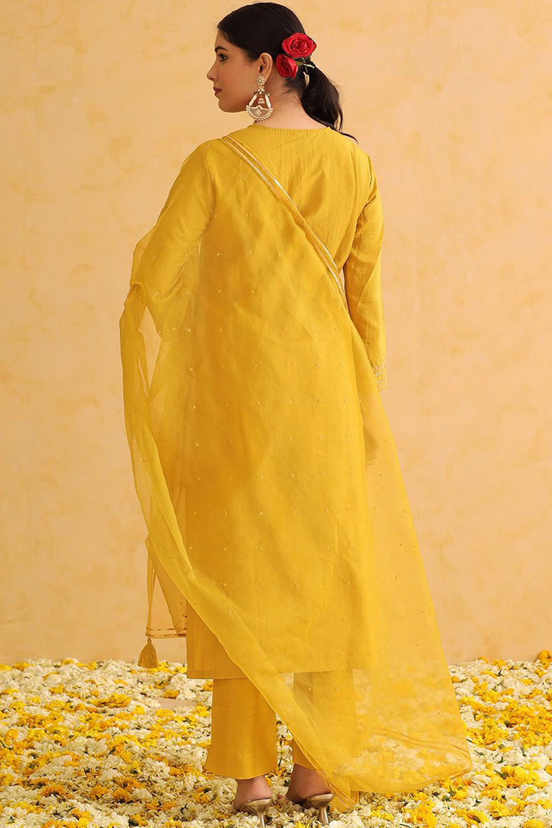 Mustard Yellow Silk Blend Solid Yoke Design Straight Suit Set PKSKD2501YLW