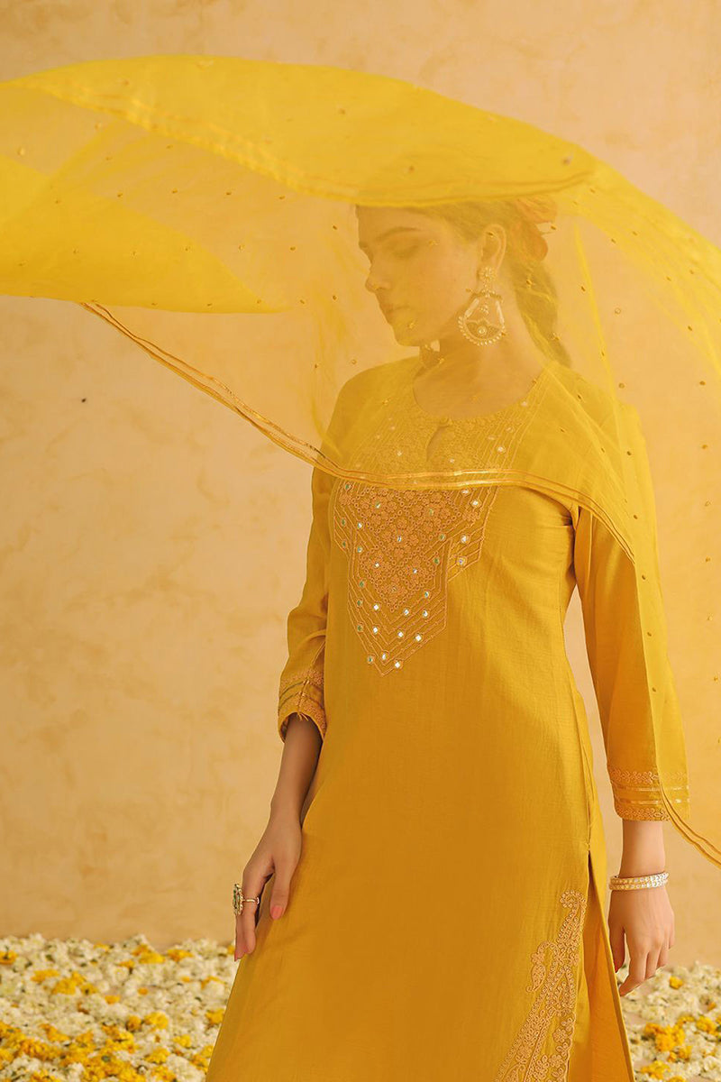 Mustard Yellow Silk Blend Solid Yoke Design Straight Suit Set PKSKD2501YLW