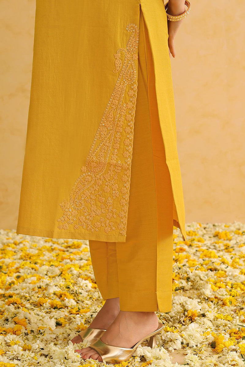 Mustard Yellow Silk Blend Solid Yoke Design Straight Suit Set PKSKD2501YLW