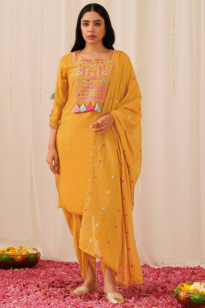 Mustard Yellow Viscose Rayon Embroidered Straight Suit Set PKSKD2503YLW