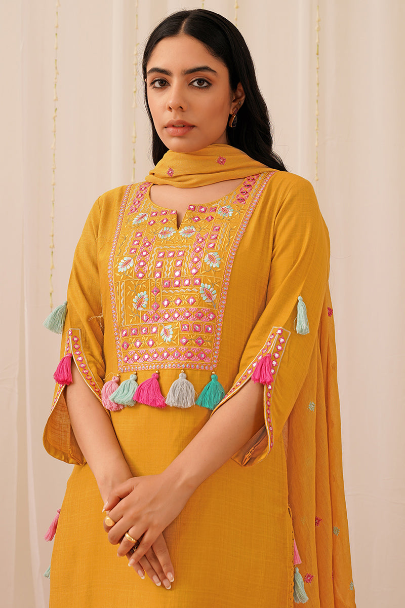 Mustard Yellow Viscose Rayon Embroidered Straight Suit Set PKSKD2503YLW