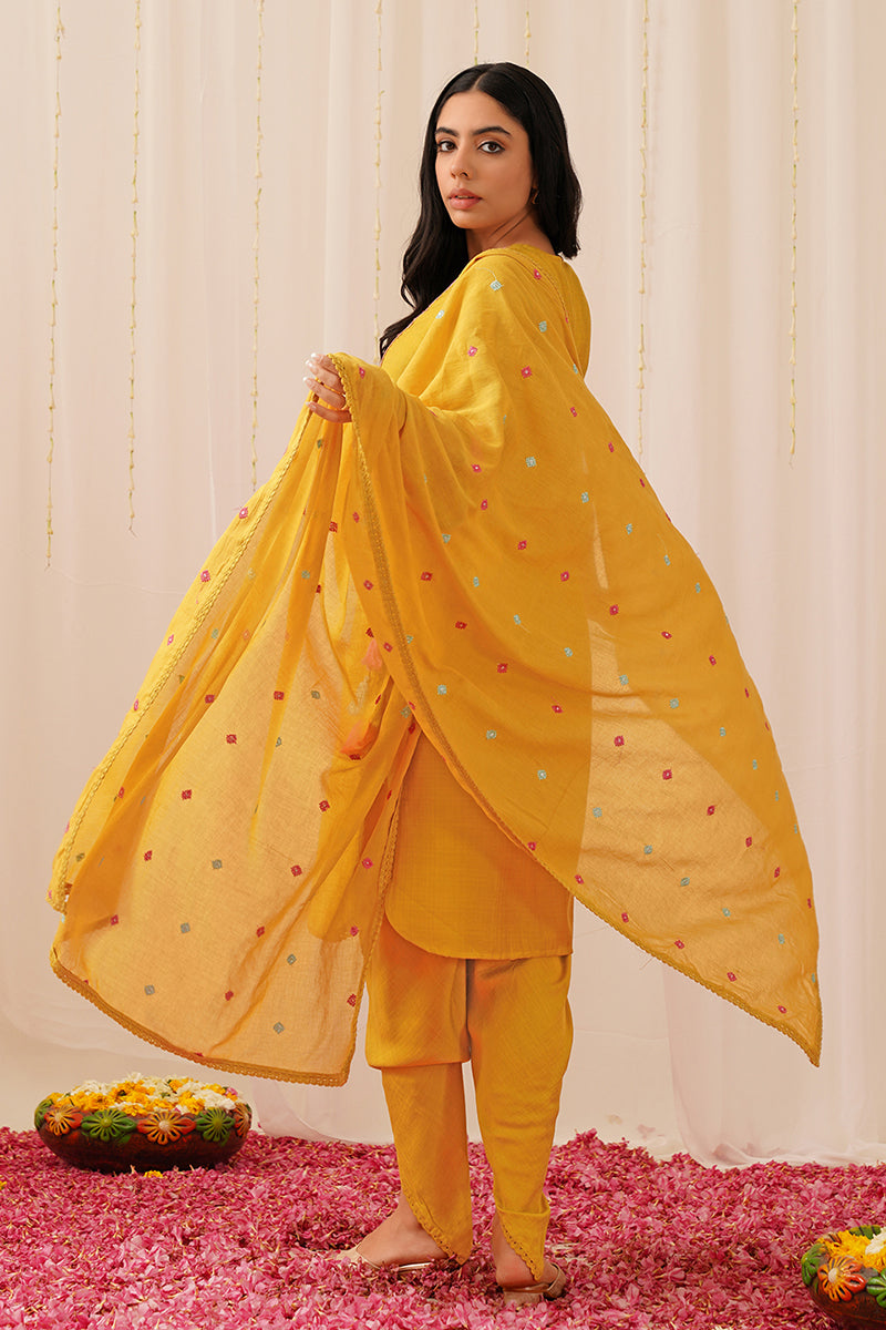 Mustard Yellow Viscose Rayon Embroidered Straight Suit Set PKSKD2503YLW