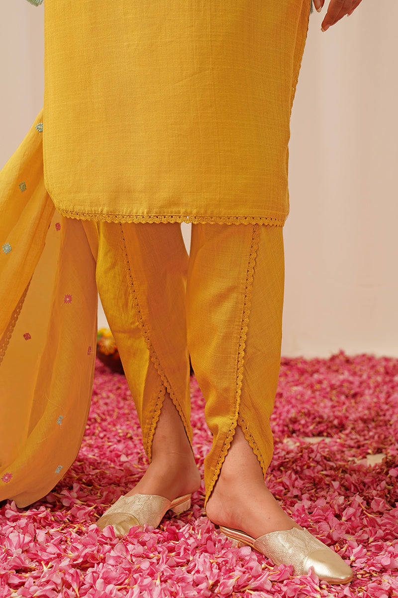 Mustard Yellow Viscose Rayon Embroidered Straight Suit Set PKSKD2503YLW