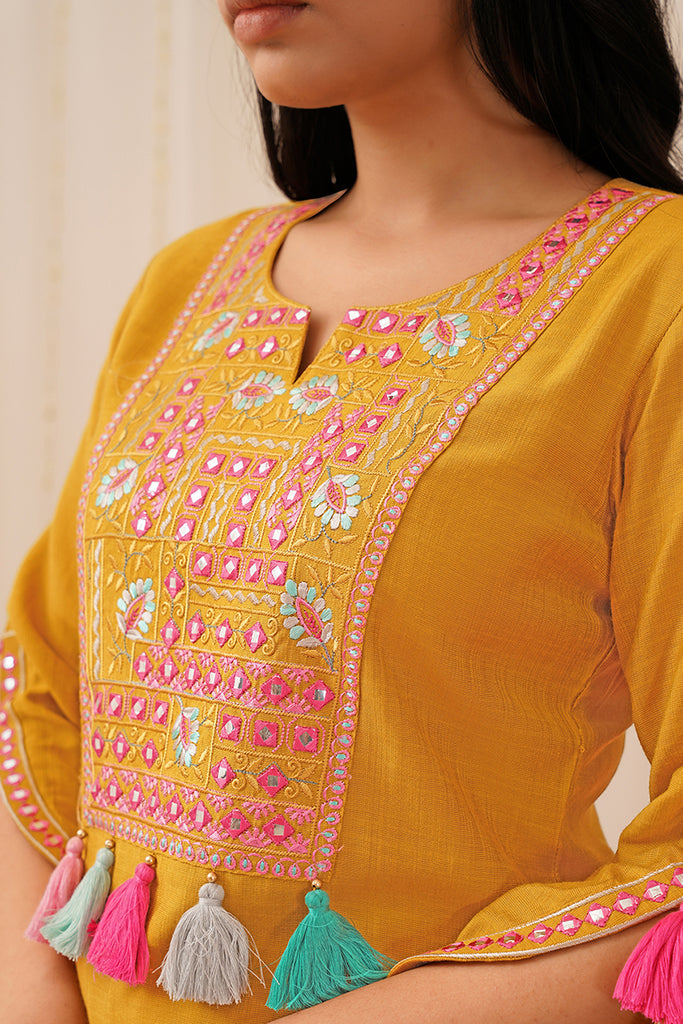 Mustard Yellow Viscose Rayon Embroidered Straight Suit Set PKSKD2503YLW