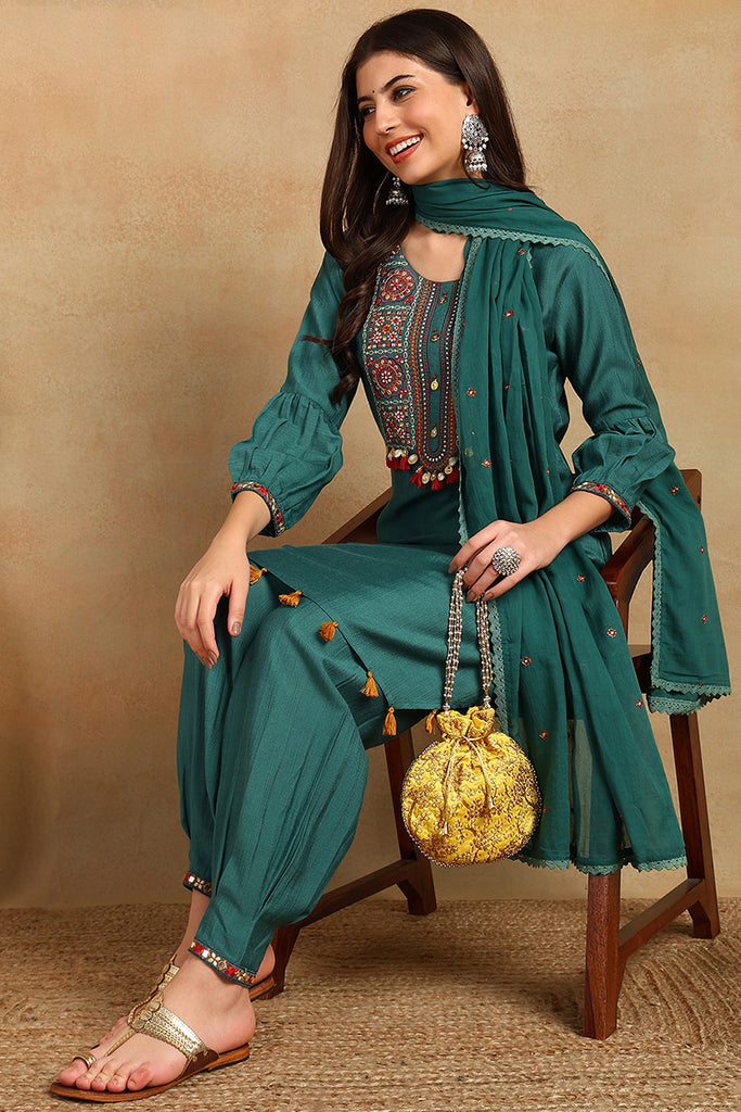 Teal Green Embroidered Viscose Rayon Straight Suit Set PKSKD2504GRN