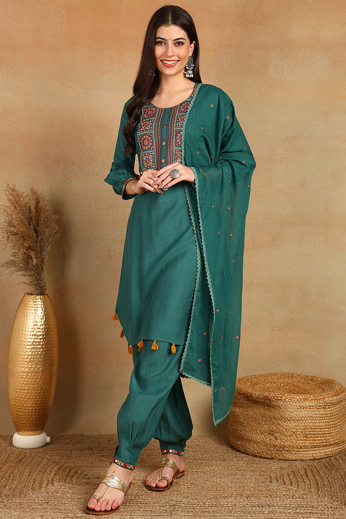 Teal Green Embroidered Viscose Rayon Straight Suit Set PKSKD2504GRN