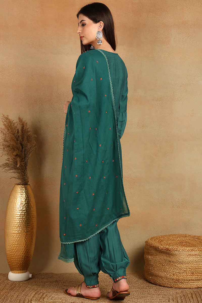 Teal Green Embroidered Viscose Rayon Straight Suit Set PKSKD2504GRN