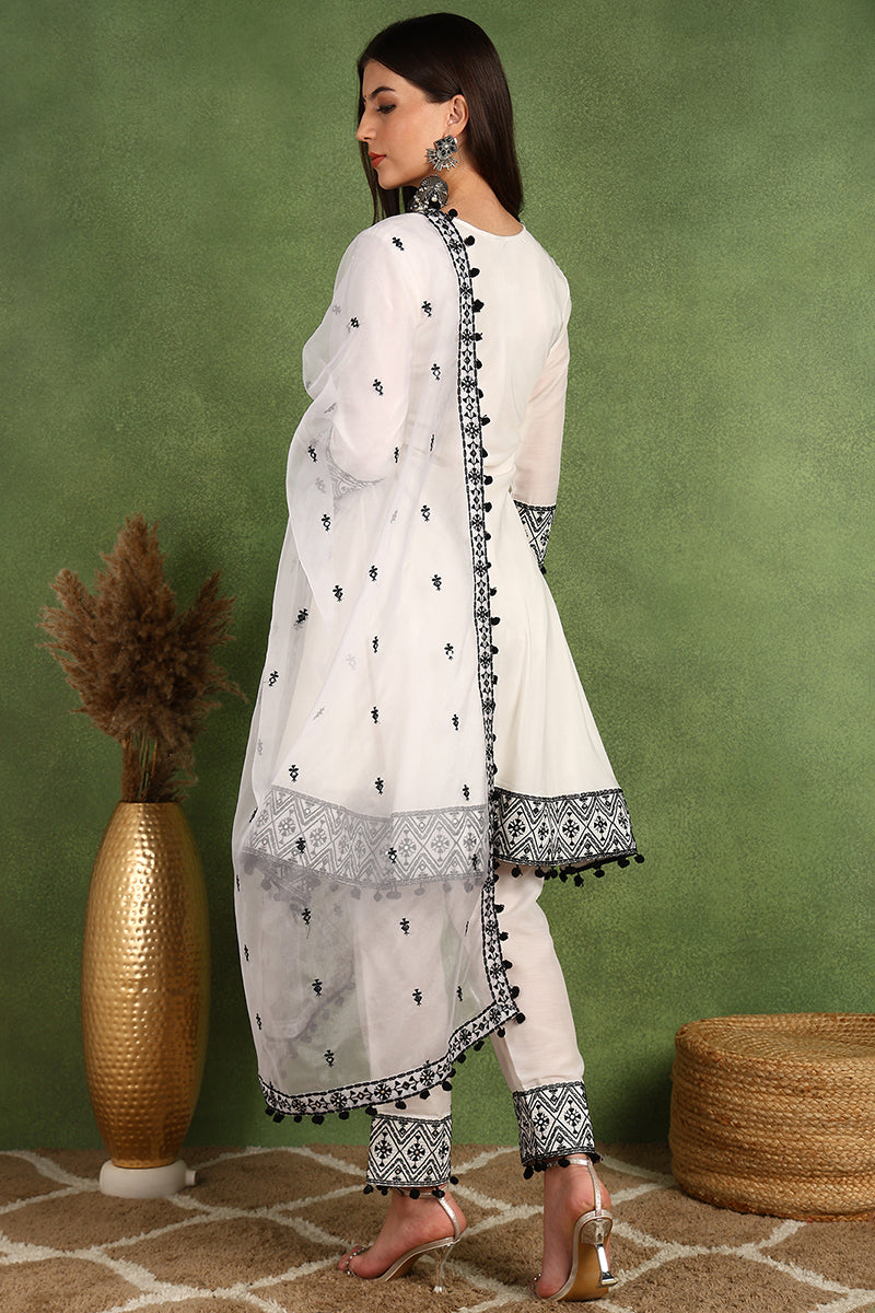 White Silk Blend Embroidered Thread Work A-Line Trouser Suit Set PKSKD2508WHT