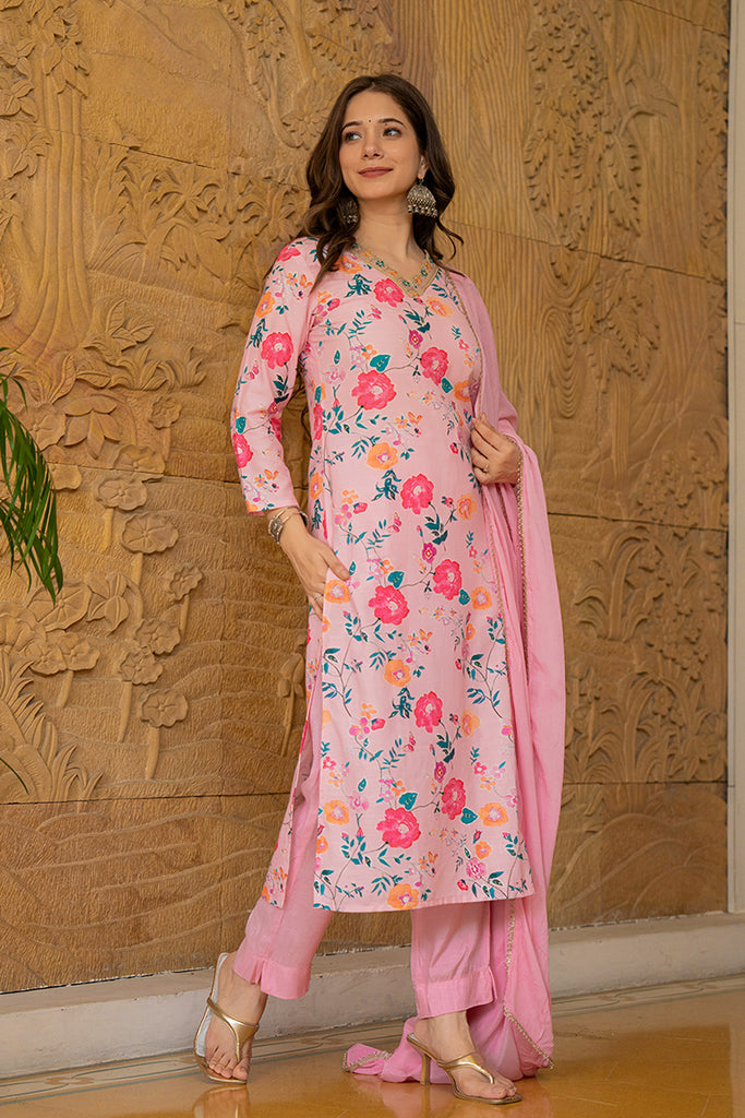 Pink Rayon Blend Floral Printed Straight Suit Set PKSKD2510PNK