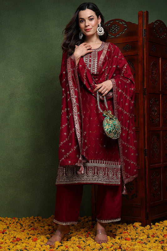 Maroon Silk Blend Solid Embroidered Straight Suit Set PKSKD2511MRN