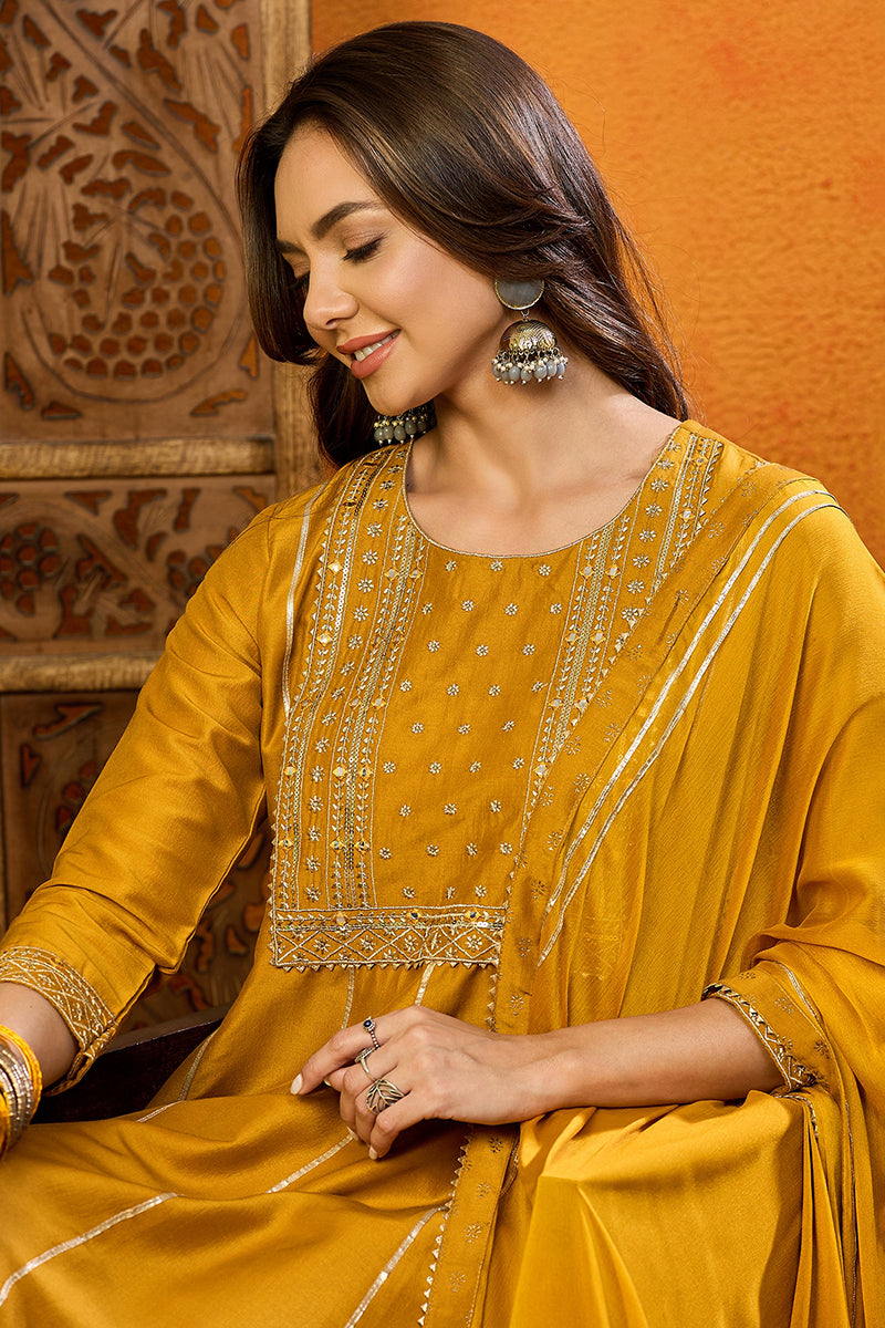 Mustard Silk Blend Solid Embroidered Anarkali Suit Set PKSKD2519