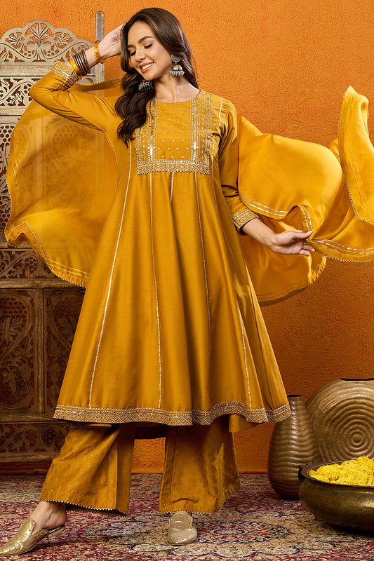 Mustard Silk Blend Solid Embroidered Anarkali Suit Set PKSKD2519