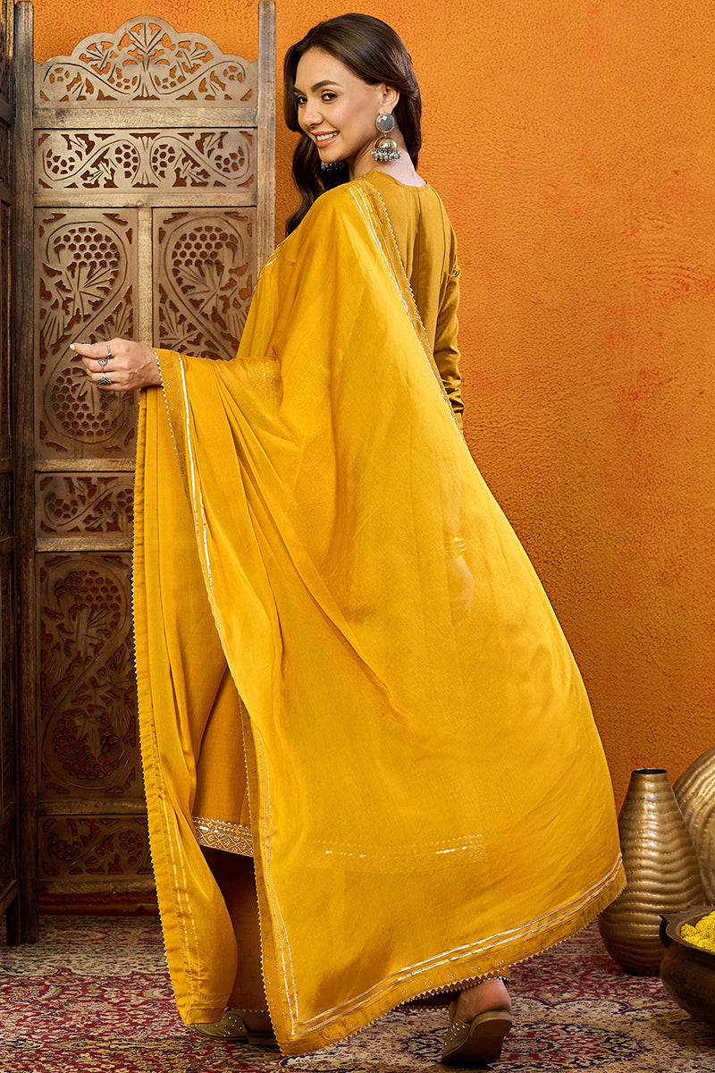 Mustard Silk Blend Solid Embroidered Anarkali Suit Set PKSKD2519