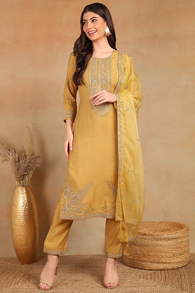 Golden Yellow Silk Blend Solid Embroidered Straight Trouser Bottom Suit Set PKSKD2520YLW