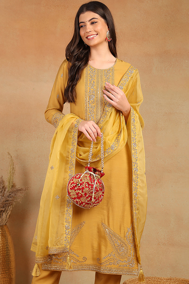 Golden Yellow Silk Blend Solid Embroidered Straight Trouser Bottom Suit Set PKSKD2520YLW
