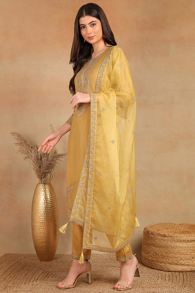 Golden Yellow Silk Blend Solid Embroidered Straight Trouser Bottom Suit Set PKSKD2520YLW
