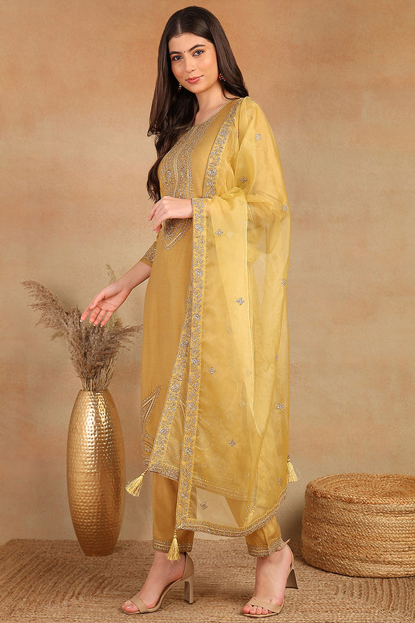 Golden Yellow Silk Blend Solid Embroidered Straight Trouser Bottom Suit Set PKSKD2520YLW