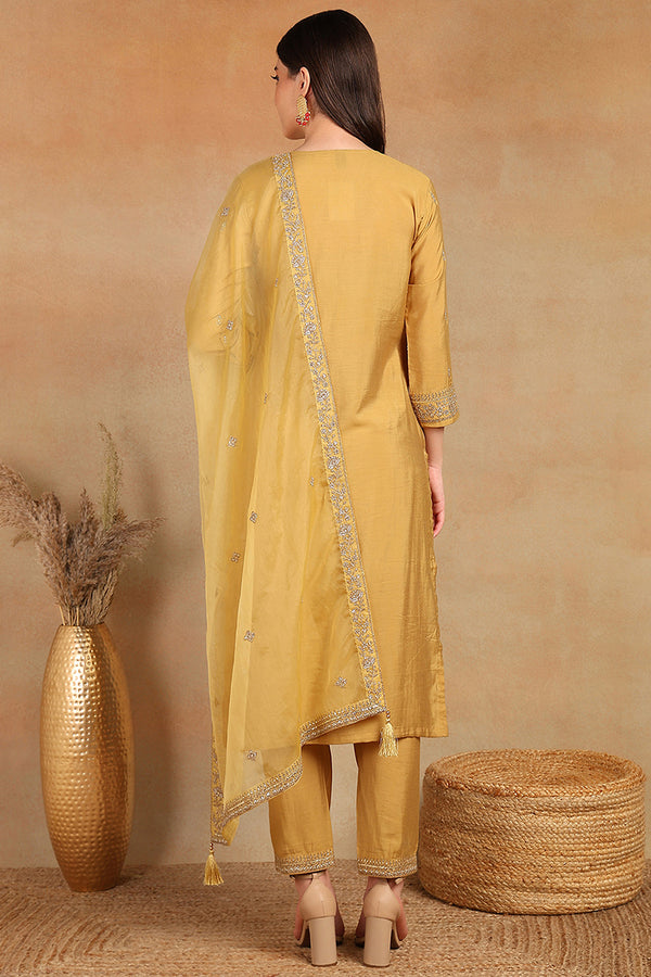 Golden Yellow Silk Blend Solid Embroidered Straight Trouser Bottom Suit Set PKSKD2520YLW