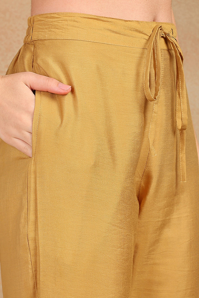 Golden Yellow Silk Blend Solid Embroidered Straight Trouser Bottom Suit Set PKSKD2520YLW