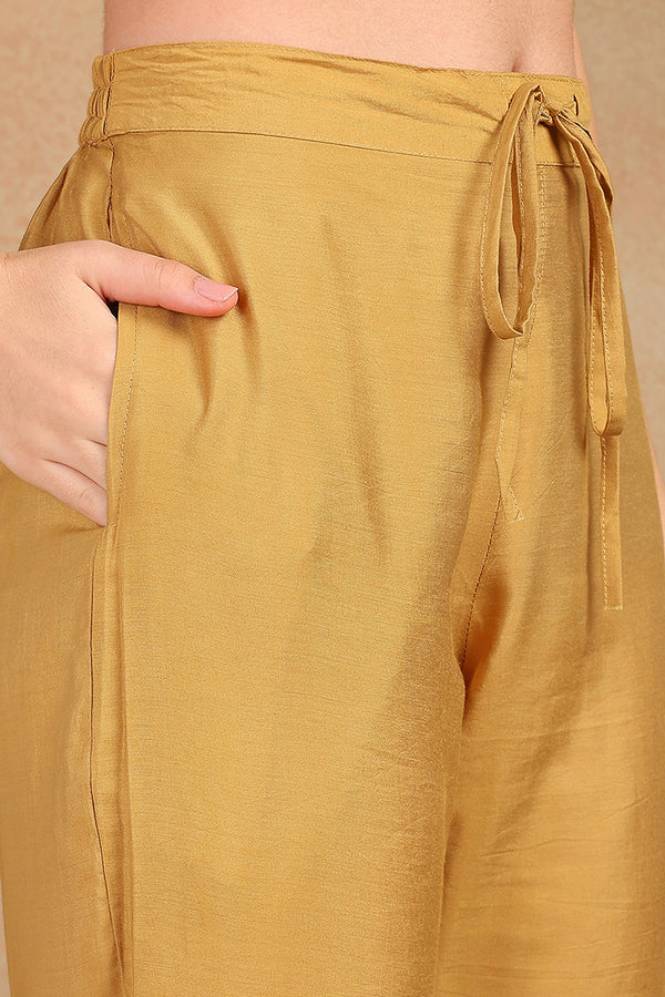Golden Yellow Silk Blend Solid Embroidered Straight Trouser Bottom Suit Set PKSKD2520YLW