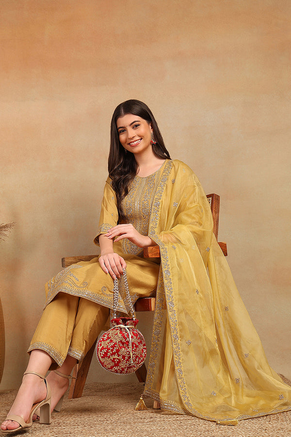 Golden Yellow Silk Blend Solid Embroidered Straight Trouser Bottom Suit Set PKSKD2520YLW