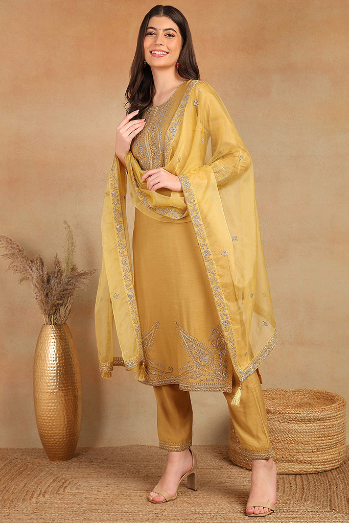 Golden Yellow Silk Blend Solid Embroidered Straight Trouser Bottom Suit Set PKSKD2520YLW