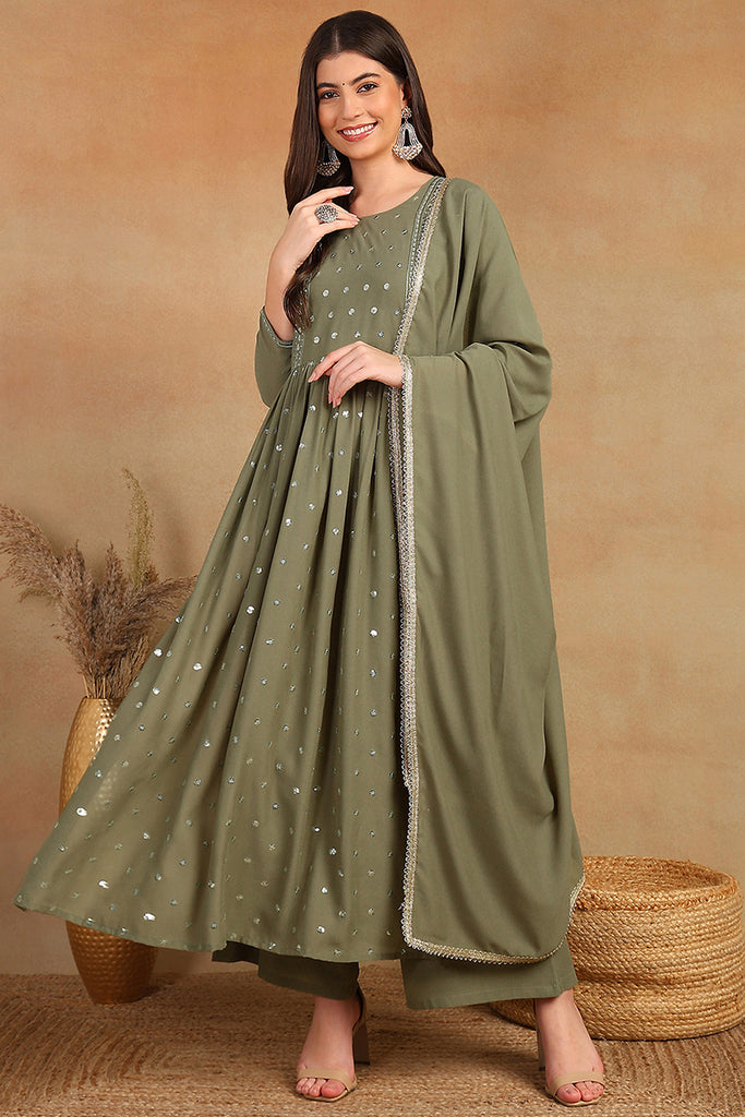 Olive Green Georgette Embroidered A-Line Palazzo Bottom Suit Set PKSKD2521OLV