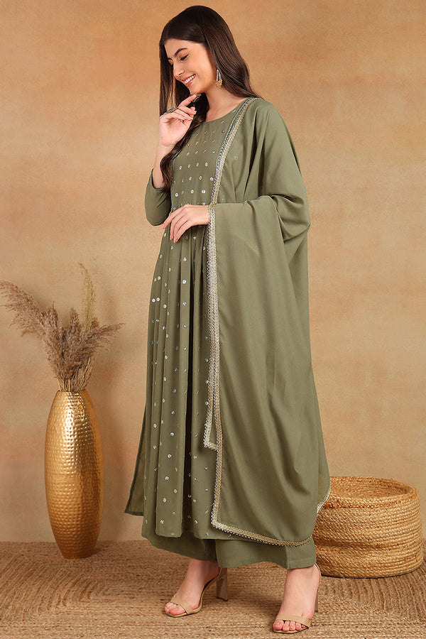 Olive Green Georgette Embroidered A-Line Palazzo Bottom Suit Set PKSKD2521OLV