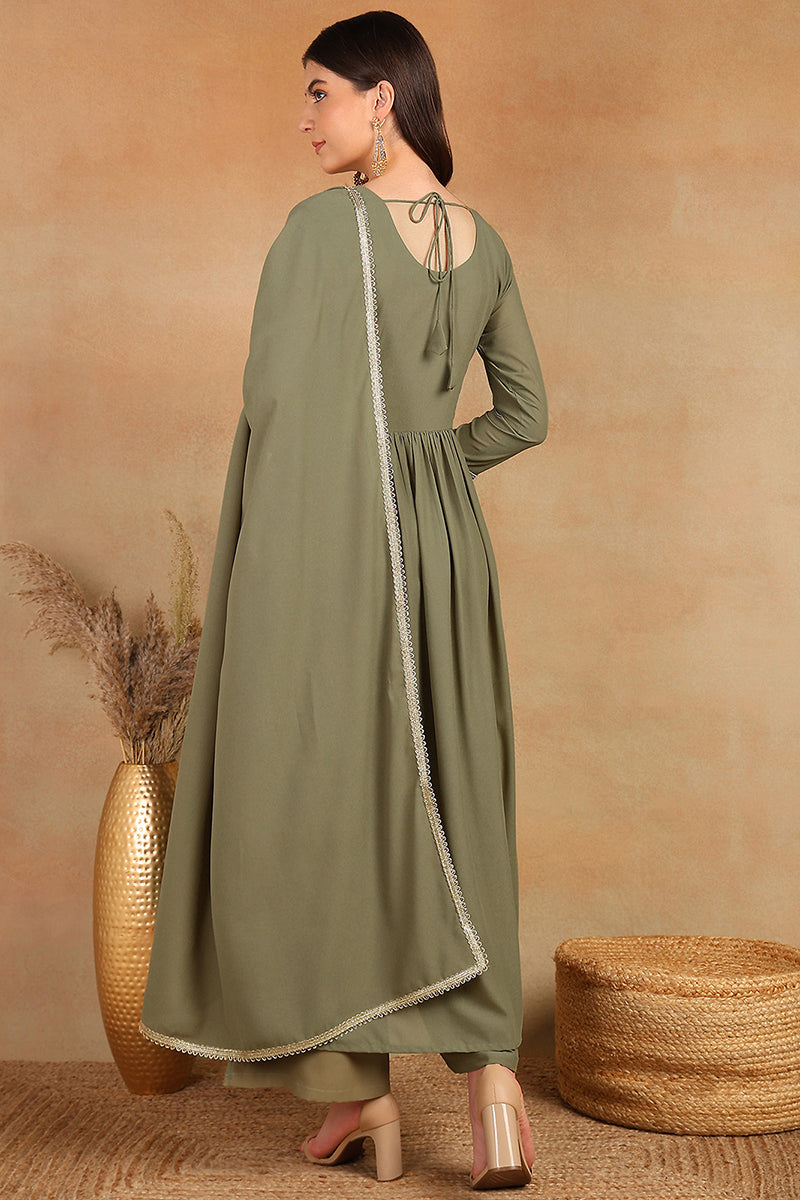 Olive Green Georgette Embroidered A-Line Palazzo Bottom Suit Set PKSKD2521OLV