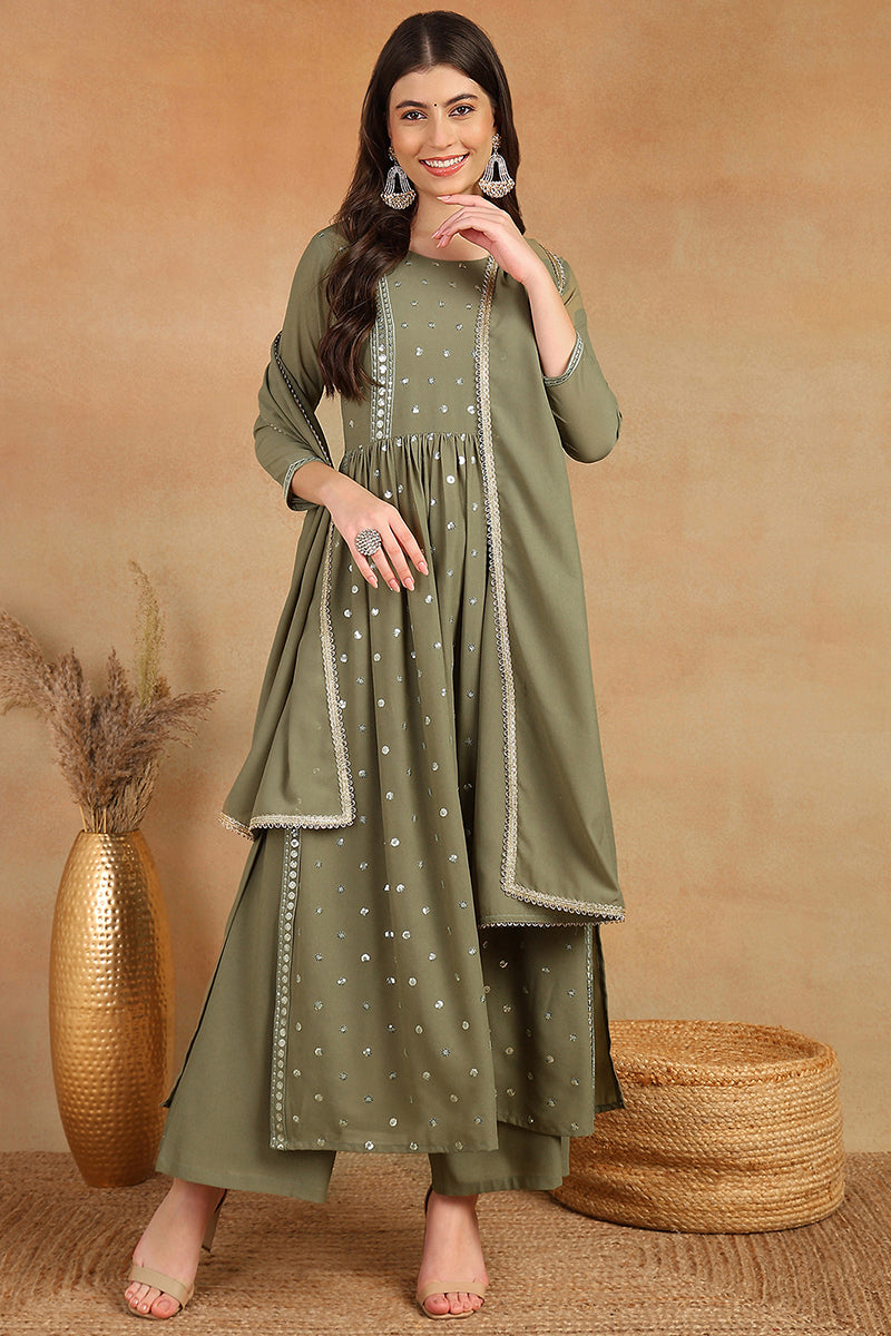 Olive Green Georgette Embroidered A-Line Palazzo Bottom Suit Set PKSKD2521OLV