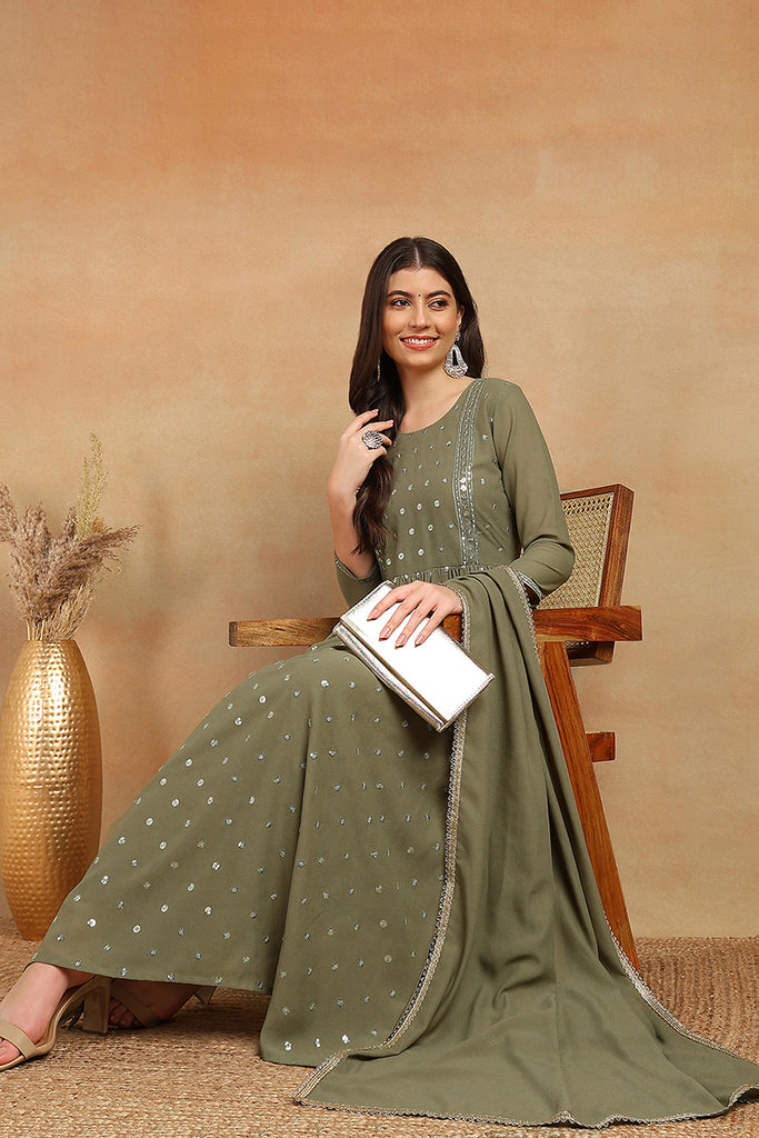 Olive Green Georgette Embroidered A-Line Palazzo Bottom Suit Set PKSKD2521OLV